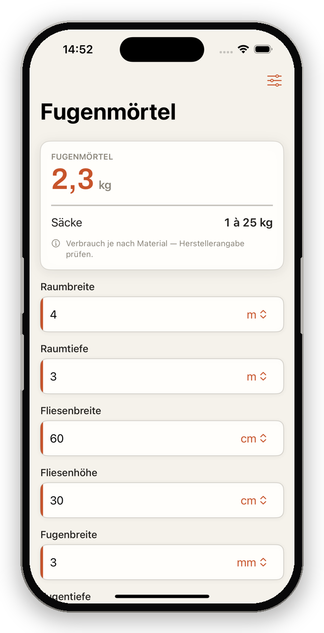 TileWright App – Fugenmörtel berechnen