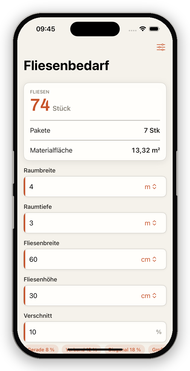 TileWright App – Großformat-Fliesen: Verschnitt berechnen