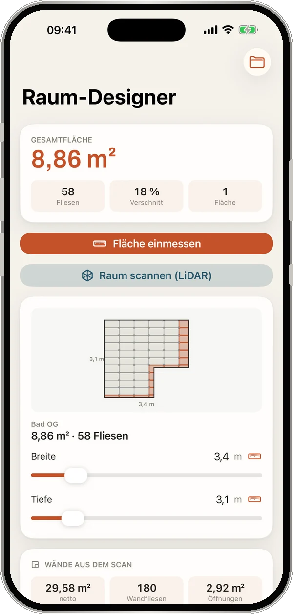 Raum-Designer mit dem gescannten L-förmigen Bad, Verlegeraster und hervorgehobenen Anschnitten