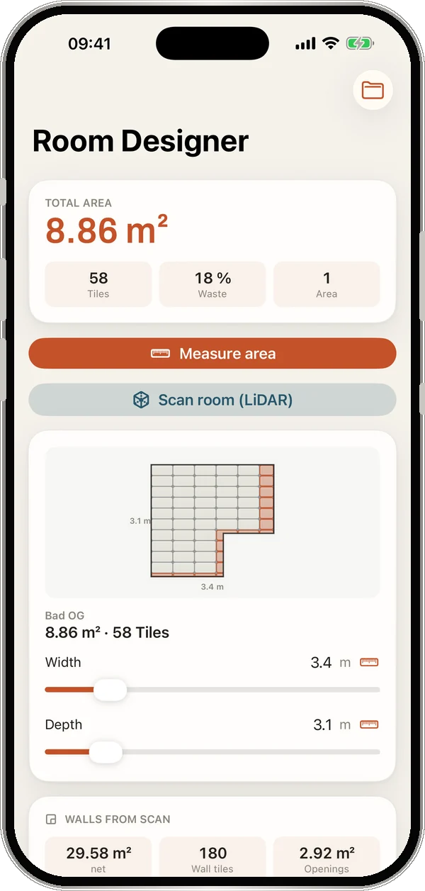 TileWright room designer with layout pattern selection and cut tiles
