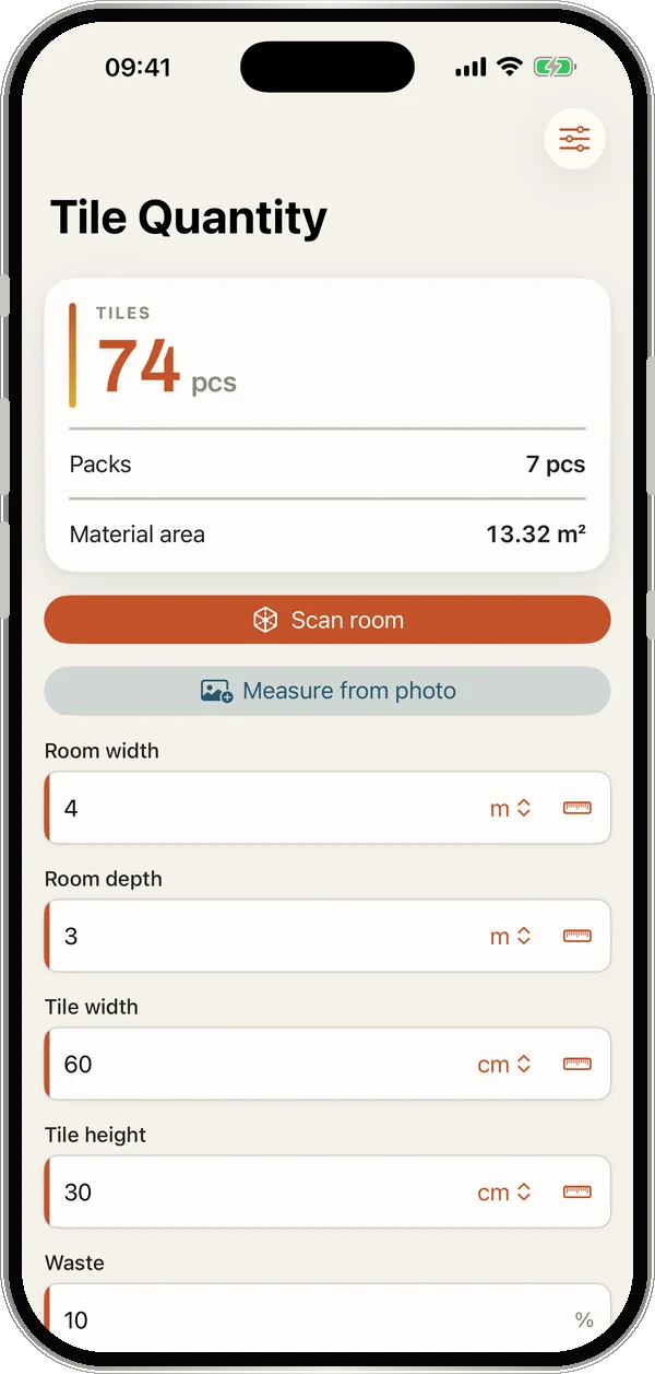 TileWright tile quantity calculator showing pieces and boxes