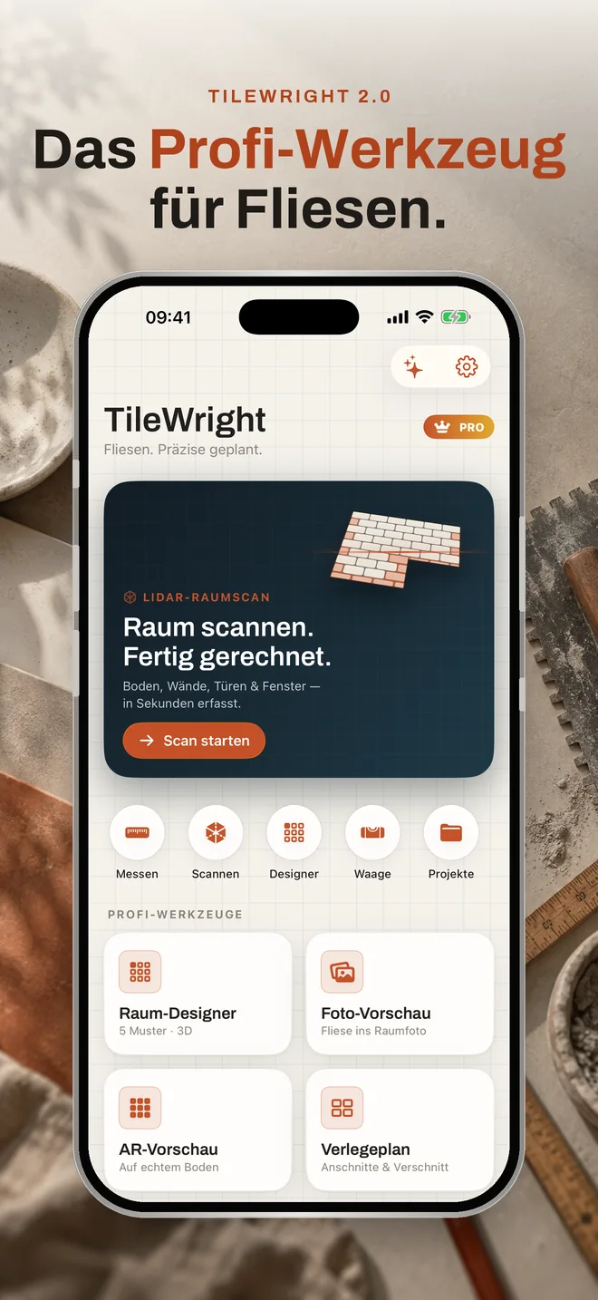 Das Profi-Werkzeug für Fliesen – Startbildschirm